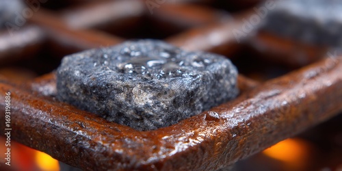 Close-up shot of charcoal briquettes on a rusty grill, ready for cooking.