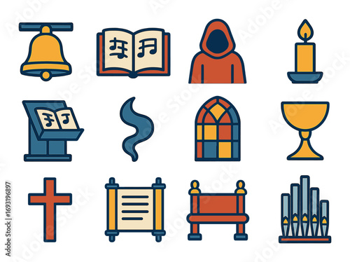 Church and worship linear icon set. featuring bell, bible, monk, candle, music stand, incense, window, chalice, cross, scripture, pew, organ.