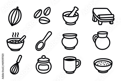 Kitchen tools silhouette icons set. featuring cocoa, seed, mortar, whisk, bowl, pitcher, and tea.