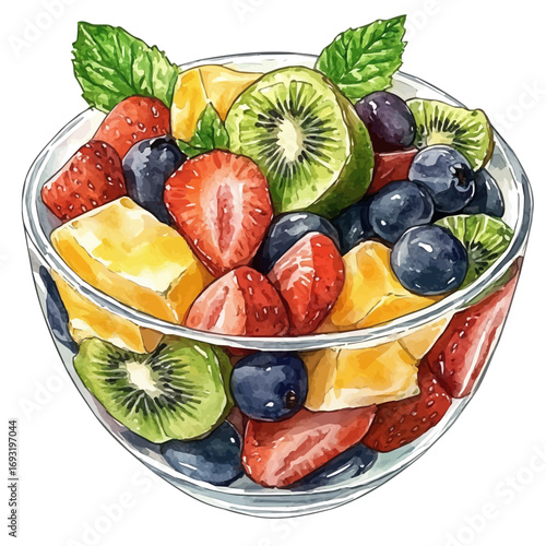 Fruit Salad, watercolor illustration vector, isolated on a white background.