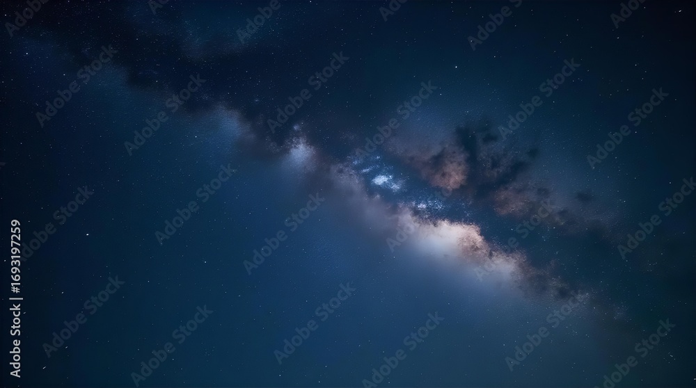 Fototapeta premium Majestic Milky Way galaxy glowing brightly in the dark blue night sky with myriad stars, cosmic dust, and nebulae. A stunning deep space astrophotography.