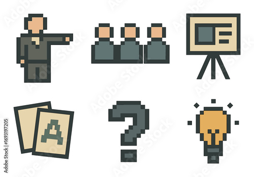Business silhouette icon set. featuring presentation, team, speaker, document, question, and idea symbols.