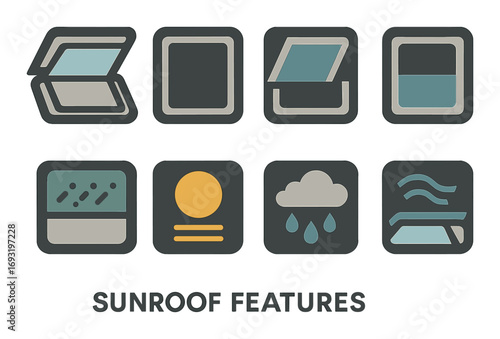 Car sunroof features flat icon set. featuring open, closed, tilt, tinted, rain sensor, blackout, vent, air circulation icons.