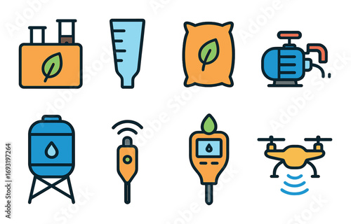 Agriculture linear icon set. featuring factory, silo, fertilizer, pump, tank, sensor, drone symbols.