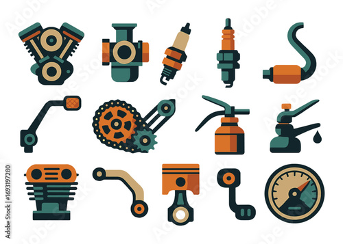 Automotive parts flat icon set. featuring engine, spark plug, muffler, oil can, and piston symbols.