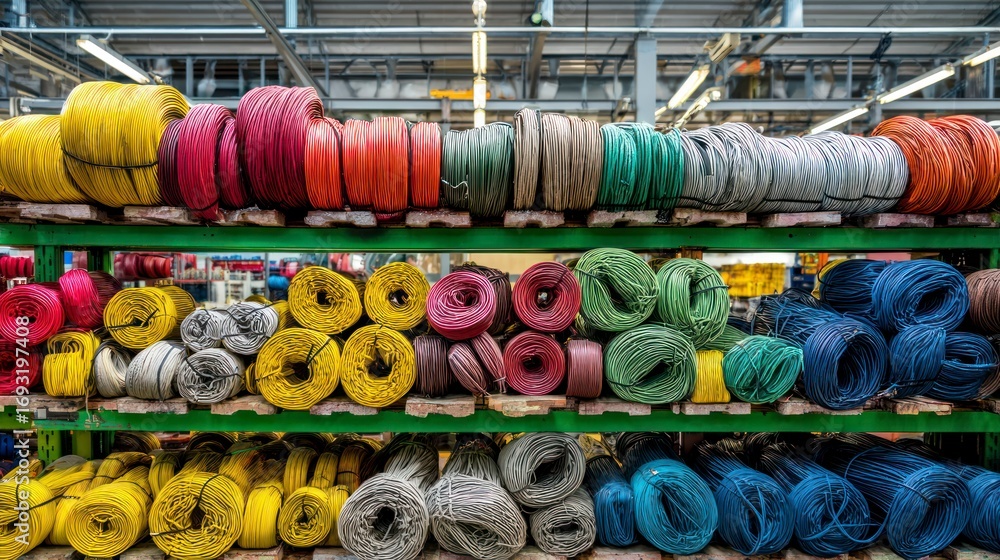 Fototapeta premium Colorful rolled ropes on shelves