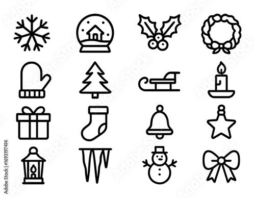 Christmas silhouette icon set. featuring snowflake, snow globe, holly, wreath, mitten, tree, sleigh, candle.