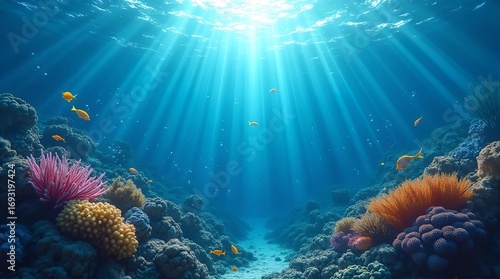 Fototapeta Naklejka Na Ścianę i Meble -  Vibrant underwater coral reef with sun rays, colorful marine life, tropical fish, and a sandy seabed. Deep blue ocean, natural beauty, serene aquatic scene.