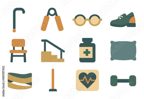 Elderly care flat icons set. featuring cane, glasses, pill, glasses, heart, stairs, gym, rail.