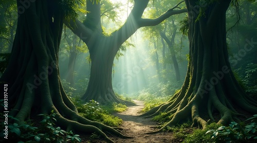 Mystical forest path bathed in ethereal sunbeams, winding through ancient trees with exposed roots and vibrant green undergrowth. A serene nature landscape.