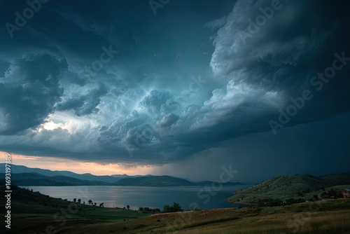 Dramatic storm clouds over a serene lake
