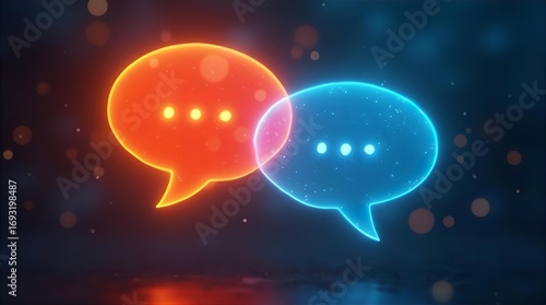 Glowing neon orange and blue speech bubbles overlapping on a dark background with bokeh lights representing digital communication and online chat dialogue