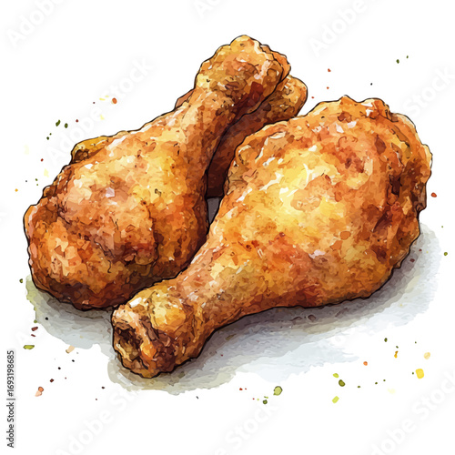 watercolor vector of Fried Chicken, isolated on a white background.