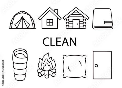 Collection of camping and lodging icons including tent, house, cabin, towel, sleeping bag, campfire, pillow, and door