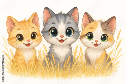 Three Cute Cartoon Kittens with Sparkling Eyes in Golden Grass Pastel Colors Whimsical Detailed Illustration on White Background