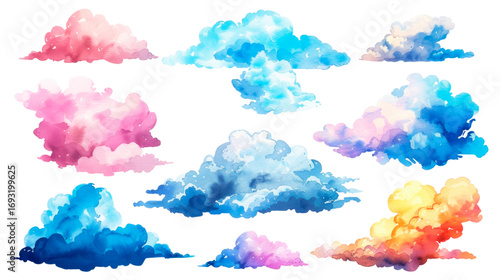 A collection of colorful, watercolor-style cloud illustrations with a transparent background. Concept of: Creative flexibility. Watercolor illustration. Clipart PNG	
