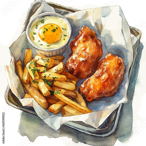 watercolor of Fish And Chips, vector, isolated on a white background.
