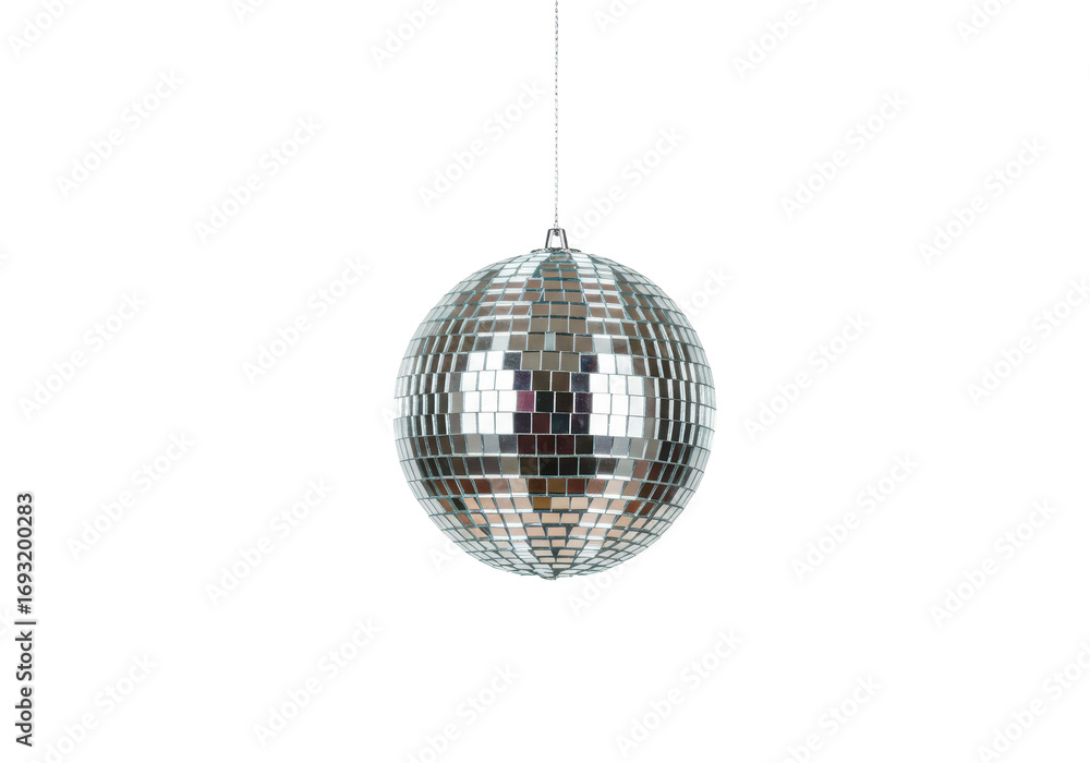 Fototapeta premium Isolated sparkly disco ball hanging, reflecting small squares, shining light, festive atmosphere