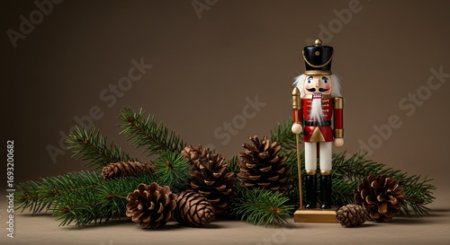 Classic Red Wooden Nutcracker with Pine Branch and Cones