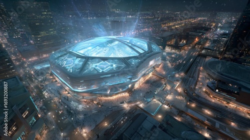 Futuristic stadium cityscape night