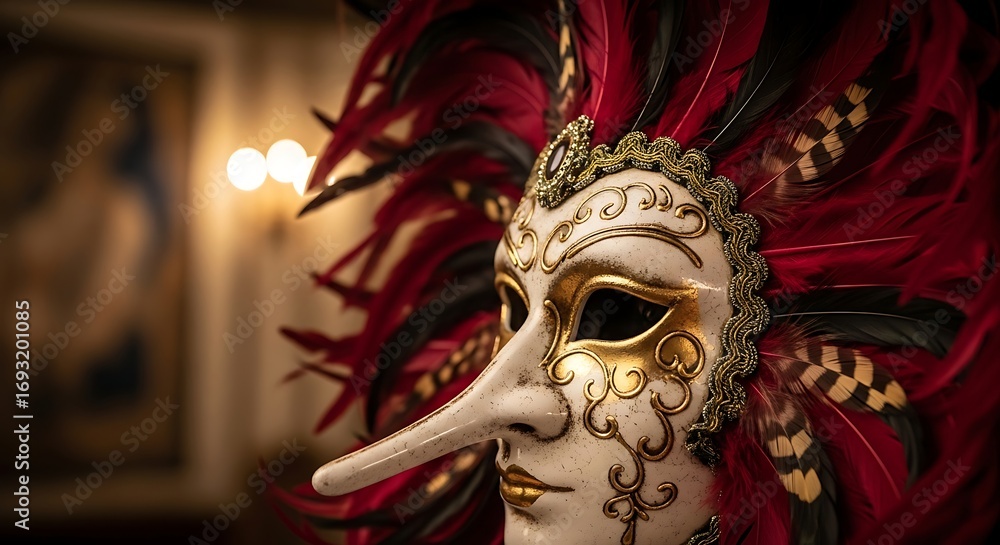 Fototapeta premium Venetian Plague Doctor Mask with Feathers and Gold Accents.