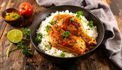 Spiced chicken drumsticks with rice