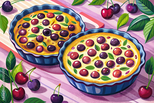 French clafoutis cherry dessert, baked custard with fruits, rustic provincial recipe, cultural delicacy, authentic European sweet