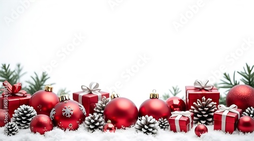 Festive red Christmas holiday decorations border with ornaments, gift boxes, snowy pinecones, and green fir on a clean white winter background.