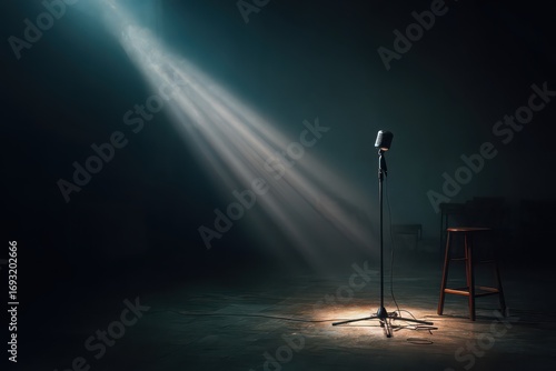 Poetry reading setup on a dark stage with a spotlight highlighting a microphone and a stool