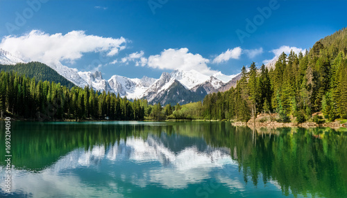 Tranquil Green Lake Reflecting Snow Capped Mountains And Dense Forest Under A Partly Cloudy Blue Sky