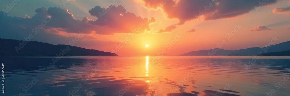Fototapeta premium Serene sunrise over tranquil water, reflecting the peaceful atmosphere of silent prayer and meditation Perfect for themes of spirituality, hope, and inner peace , clouds, nature