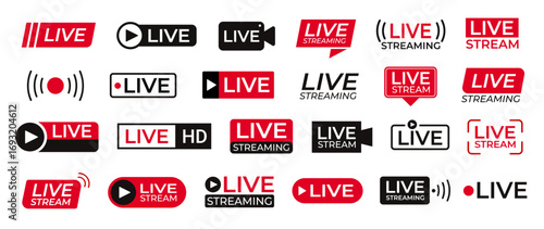 Live stream icons. Broadcast now red button, livestream tv news online streaming banner, webinar video player. Smartphone broadcasting interface element. Vector isolated set