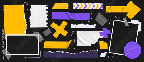 Scrapbook elements. 3d adhesive twisted tapes, torn paper piece, notebook sheets. Wrinkled sticker, photo frame and transparent glued scotch. Y2k template vector isolated set