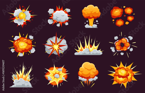 Cartoon explosion. Explosive comic effect, bomb boom explode with red fire and dust cloud, nuclear explosion flash. Magic energy, game attack action blast. Vector isolated set