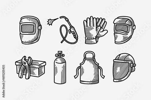 Welder safety kit hand drawn icon set. Welding industrial gear engraved element design pack. Face mask, Torch, Gloves, Face shield, Toolbox, Gas tank, Apron, Helmet. Vector Illustration