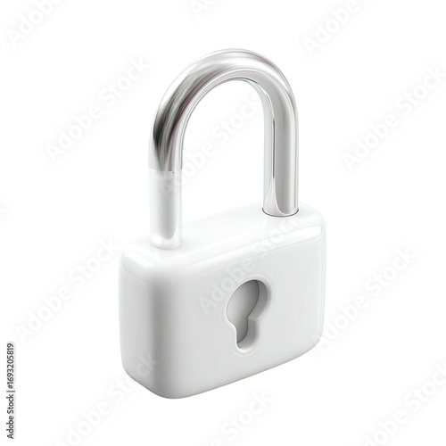 A 3D rendering of a white padlock.  The lock's body is white, with a metallic silver keyhole and curved metal accents.  It is isolated on a plain background