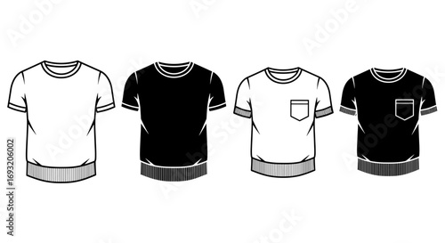 Four t shirts in white and jet, two with pockets, presented as vector graphic illustrations