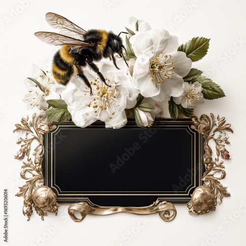 Empty Black Honey label design with flowers and bee, isolated.