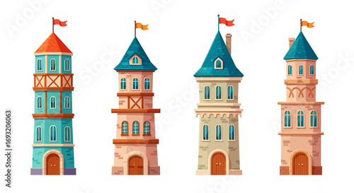 Four cartoon medieval towers with flags and different architectural styles isolated illustration