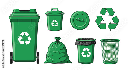 An illustration of various types of green recycling bins and a recycling symbol isolated