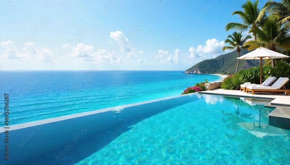 Fototapeta premium Crystal-clear water laps gently against the edge of a luxurious infinity pool, seamlessly blending with the vast expanse of the ocean horizon A breathtaking view of paradise , blue, sun