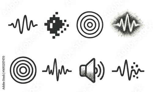 Sound waves silhouette icon set. featuring waveform, circle, pixelated, speaker, frequency symbols.