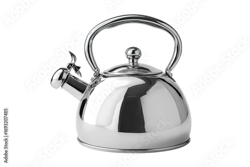 Shiny stainless steel kettle with rounded dome shape and handles
