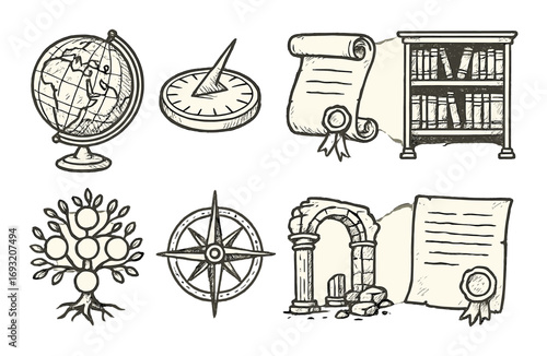 Historical landmarks linear icon set. featuring globe, sundial, manuscript, library, genealogy, compass, ruins, document.