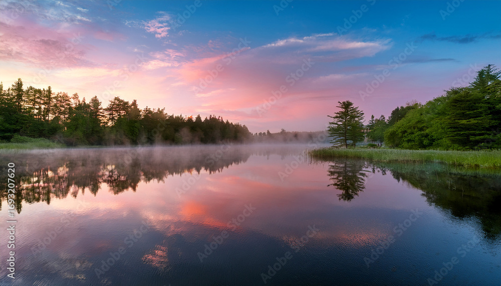 Obraz premium Serene Lake Reflects Soft Pink Glow Sunrise Misty Vapors Rise Surface Towards Backdrop Lush Green Trees