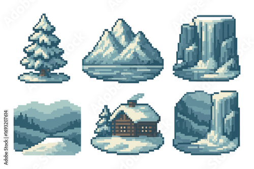 Winter landscapes flat icon set. including tree, mountains, waterfall, lake, cabin, and snow..