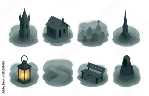 Halloween silhouette icon set. featuring haunted house, graveyard, lantern, path, bench, hooded figure, and tower.