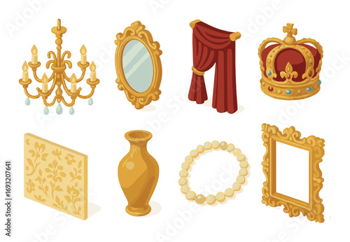 Royal decor flat icon set. featuring chandelier, mirror, curtain, crown, pattern, vase, necklace, frame.