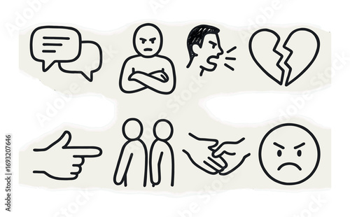 Communication and conflict linear icon set. featuring chat, anger, argument, breakup, gesture, handshake, and frown symbols.