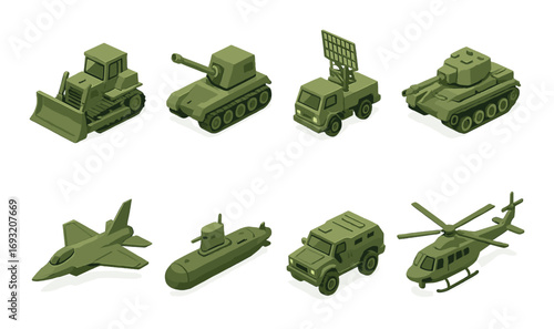 Military vehicles silhouette icon set. featuring tank, radar, helicopter, submarine, jet, bulldozer, and truck.